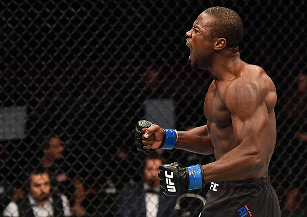 Alhassan celebrates after his knockout victory over <a href='../fighter/charlie-ward'>Charlie Ward</a> at UFC Fight Night Belfast on November 19, 2016. (Photo by Brandon Magnus/Zuffa LLC)