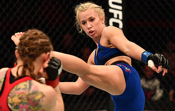 Amanda Cooper kicks <a href='../fighter/anna-elmose'>Anna Elmose</a>at UFC Fight Night Belfast on November 19, 2016. (Photo by Brandon Magnus/Zuffa LLC)