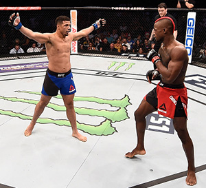 Drakkar Klose taunts Marc Diakiese of England in their lightweight bout during <a href='../event/The-Ultimate-Fighter-T-Rampage-vs-T-Forrest-Finale'><a href='../event/The-Ultimate-Fighter-Finale-Team-Nog-vs-Team-Mir'><a href='../event/The-Ultimate-Fighter-Team-Liddell-vs-Team-Ortiz-FINALE'><a href='../event/TUF13-finale'><a href='../event/the-ultimate-fighter-a-champion-will-be-crowned'>The Ultimate Fighter Finale </a></a></a></a></a>at T-Mobile Arena on July 7, 2017 in Las Vegas, Nevada. (Photo by Brandon Magnus/Zuffa LLC)