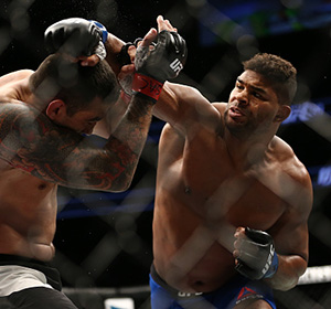 Alistair Overeem punches <a href='../fighter/Fabricio-Werdum'>Fabricio Werdum</a> during the UFC 213 event at T-Mobile Arena on July 9, 2017 in Las Vegas, Nevada. (Photo by Rey Del Rio/Getty Images)