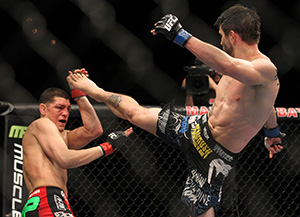 Condit kicks <a href='../fighter/Nick-Diaz'>Nick Diaz</a> during UFC 143 on February 4, 2012 in Las Vegas, NV. (Photo by Josh Hedges/Zuffa LLC/Zuffa LLC via Getty Images)