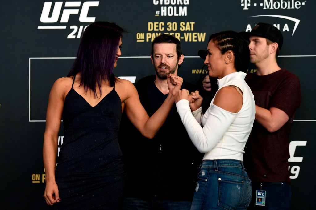 LAS VEGAS, NV - DEC. 28: (L-R) Cynthia Calvillo and Carla Esparza face off for the media during the UFC 219 Ultimate Media Day inside T-Mobile Arena. (Photo by Jeff Bottari/Zuffa LLC)