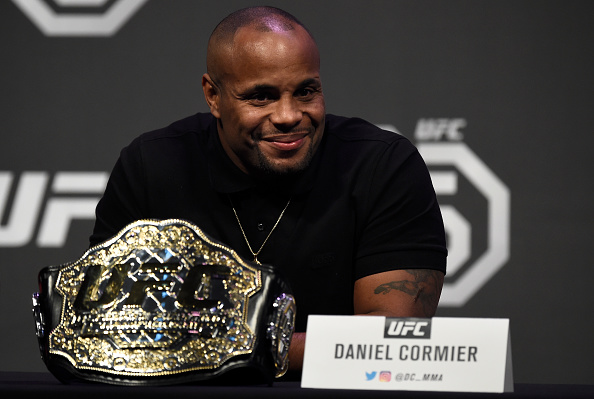Daniel Cormier interacts with media during the UFC 220 press conference inside T-Mobile Arena on December 29, 2017 in Las Vegas, Nevada. (Photo by Jeff Bottari/Zuffa LLC/Zuffa LLC via Getty Images)