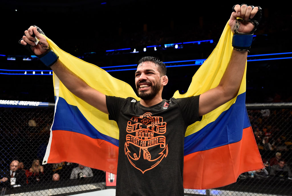 BOSTON, MA - JANUARY 20: <a href='../fighter/Julio-Arce'>Julio Arce</a> celebrates after his unanimous-decision victory over <a href='../fighter/Dan-Ige'>Dan Ige</a> in their featherweight bout during the UFC 220 event at TD Garden on January 20, 2018 in Boston, Massachusetts. (Photo by Jeff Bottari/Zuffa LLC/Zuffa LLC via Getty Images)