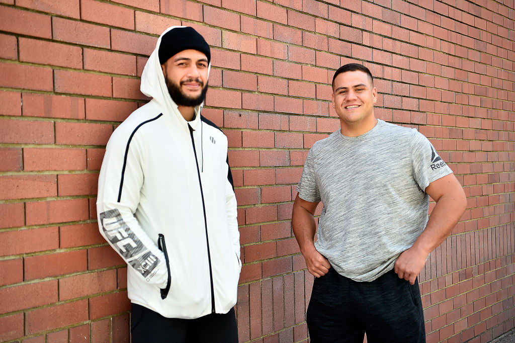 PERTH, AUSTRALIA - FEBRUARY 09: (L-R) Tyson Pedro of Australia and Tai Tuivasa of Australia pose for a portrait during a UFC photo session on February 9, 2018 in Perth, Australia. (Photo by Jeff Bottari/Zuffa LLC/Zuffa LLC via Getty Images)