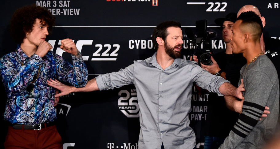 Opponents <a href='../fighter/Sean-O-Malley'>Sean O'Malley</a> (L) and Andre Soukhamthath are separated by UFC matchmaker Sean Shelby (C) as they face off for media during the UFC 222 <a href='../event/Ultimate-Brazil'>Ultimate </a>Media Day on March 1, 2018 in Las Vegas, NV. (Photo by Jeff Bottari/Zuffa LLC)