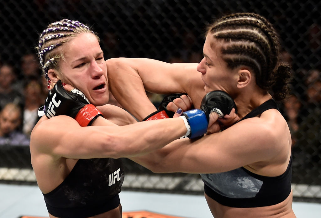 Karolina Kowalkiewicz elbows Felice Herrig during UFC 223 on April 7, 2018 in Brooklyn, New York. (Photo by Jeff Bottari/Zuffa LLC)