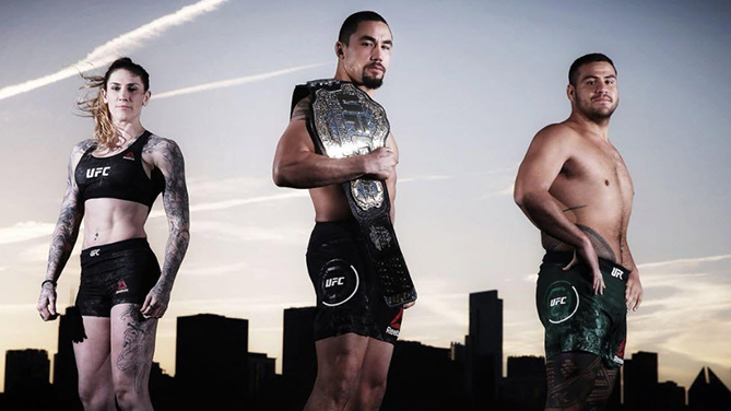 From left to right: <a href='../fighter/megan-anderson'>Megan Anderson</a>, <a href='../fighter/robert-whittaker'>Robert Whittaker</a>, <a href='../fighter/Tai-Tuivasa'>Tai Tuivasa</a>