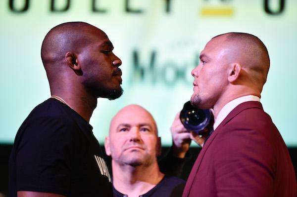 LAS VEGAS, NEVADA - JANUARY 31: <a href='../fighter/jon-jones'>Jon Jones</a> and <a href='../fighter/anthony-smith'>Anthony Smith</a> face off during the UFC 235 Press Conference inside the David Copperfield Theater at MGM Grand on January 31, 2019 in Las Vegas, Nevada. (Photo by Chris Unger/Zuffa LLC/Zuffa LLC via Getty Images)