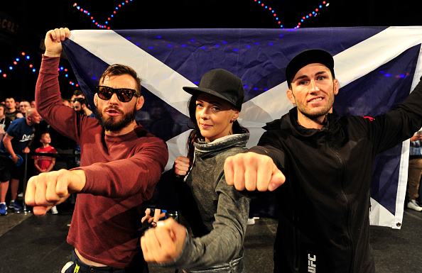 (L-R) Rob Whiteford, Joanne Calderwood and Stevie Ray during the UFC Ultimate Media day and Open Workouts at Glasgow's Old Fruitmarket on July 15, 2015 in Glasgow, Scotland. (Photo by Joey Kelly/Zuffa LLC)