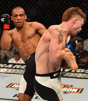 Edson Barboza of Brazil kicks Paul Felder in their lightweight bout during the UFC event at the United Center on July 25, 2015 in Chicago, IL. (Photo by Jeff Bottari/Zuffa LLC)