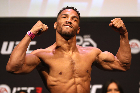ATLANTIC CITY, NJ - APRIL 20: <a href='../fighter/Kevin-Lee'>Kevin Lee</a> poses on the scale during the <a href='../event/UFC-Silva-vs-Irvin'>UFC Fight Night </a>weigh-in at the Boardwalk Hall on April 20, 2018 in Atlantic City, New Jersey. (Photo by <a href='../fighter/Patrick-Smith'>Patrick Smith</a>/Zuffa LLC/Zuffa LLC via Getty Images)
