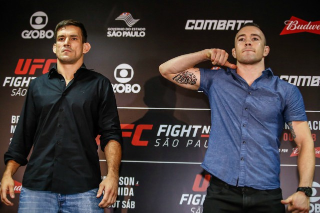 Demian Maia and Colby Covington pose at Sao Paulo Media Day before their welterweight bout on Saturday