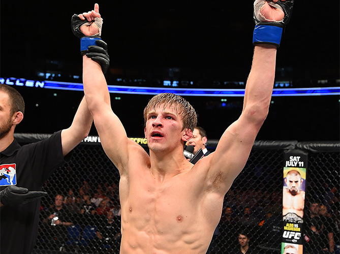 Arnold Allen of England celebrates after submitting Alan Omer of Iraq in their featherweight bout during the UFC Fight Night event at the O2 World on June 20, 2015 in Berlin, Germany. (Photo by Josh Hedges/Zuffa LLC)