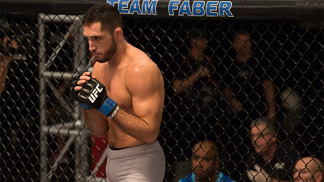 Thibault Gouti steps into the Octagon before facing David Teymur during the elimination fights at the UFC TUF Gym on July 17, 2015 in Las Vegas, Nevada. (Photo by Brandon Magnus/Zuffa LLC)