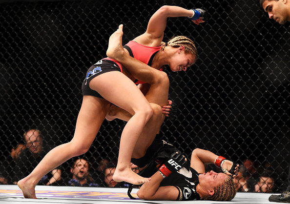 NEWARK, NJ - APRIL 18: Felice Herrig and Paige VanZant grapple in their women's strawweight bout during the UFC Fight Night event at Prudential Center on April 18, 2015 in Newark, New Jersey. (Photo by Jeff Bottari/Zuffa LLC/Zuffa LLC via Getty Images)