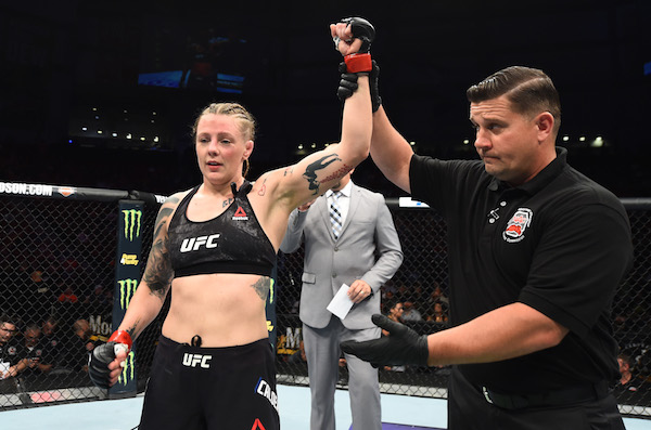 LINCOLN, NE - AUGUST 25: <a href='../fighter/joanne-calderwood'>Joanne Calderwood</a> of Scotland celebrates after her submission victory over <a href='../fighter/kalindra-faria'>Kalindra Faria</a> of Brazil in their women's flyweight fight during the <a href='../event/UFC-Silva-vs-Irvin'>UFC Fight Night </a>event at Pinnacle Bank Arena on August 25, 2018 in Lincoln, Nebraska. (Photo by Josh Hedges/Zuffa LLC/Zuffa LLC via Getty Images)