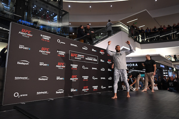 PRAGUE, CZECH REPUBLIC - FEBRUARY 20: Thiago Santos of Brazil performs an open workout for fans and media during the UFC Fight Night Open Workouts event at Galerie Harfal on February 20, 2019 in Prague, Czech Republic. (Photo by Jeff Bottari/Zuffa LLC/Zuffa LLC via Getty Images)