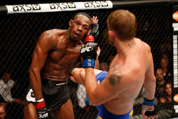 TORONTO, CANADA - SEPTEMBER 21: (R-L) Alexander 'The Mauler' Gustafsson kicks Jon 'Bones' Jones in their UFC light heavyweight championship bout at the Air Canada Center on September 21, 2013 in Toronto, Ontario, Canada. (Photo by Josh Hedges/Zuffa LLC/Zuffa LLC via Getty Images)