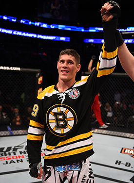 Charles Rosa reacts after defeating <a href='../fighter/Sean-Soriano'>Sean Soriano</a> during a featherweight fight during the <a href='../event/UFC-Silva-vs-Irvin'>UFC Fight Night </a>event at the TD Garden on January 18, 2015 in Boston, MA. (Photo by Jeff Bottari/Zuffa LLC)