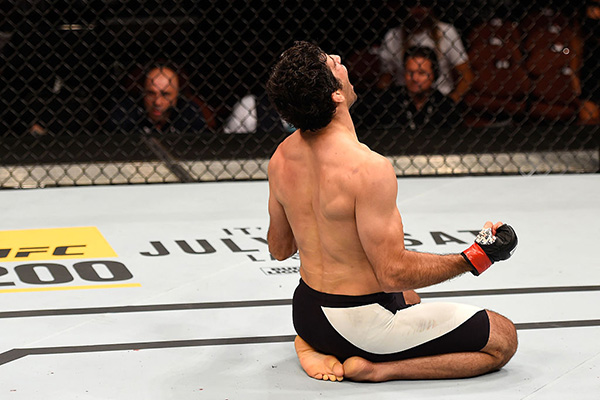 <a href='../fighter/Beneil-Dariush'><a href='../fighter/Beneil-Dariush'>Beneil Dariush</a></a> of Iran celebrates after his first round knock out of <a href='../fighter/James-Vick'><a href='../fighter/James-Vick'>James Vick</a></a> in their lightweight bout during the UFC 199 event at The Forum on June 4, 2016 in Inglewood, California. (Photo by Josh Hedges/Zuffa LLC)