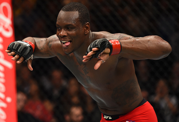 Ovince Saint Preux celebrates his submission victory over <a href='../fighter/Marcus-rogerio-de-lima'>Marcos Rogerio De Lima</a> of Brazil in their light heavyweight bout during the UFC Fight Night event at Bridgestone Arena on April 22, 2017 in Nashville, Tennessee. (Photo by Jeff Bottari/Zuffa LLC)