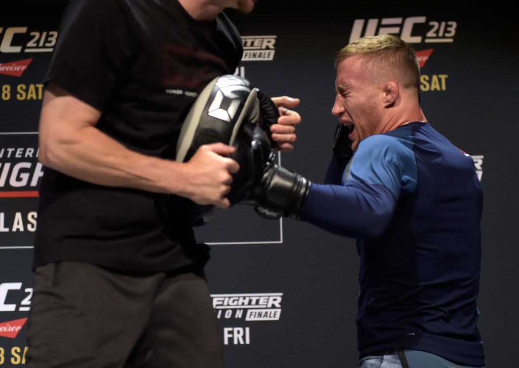 LAS VEGAS, NV - JULY 05: <a href='../fighter/Justin-Gaethje'>Justin Gaethje</a> holds an open workout session for fans and media at Park Theater on July 5, 2017 in Las Vegas, Nevada. (Photo by Brandon Magnus/Zuffa LLC)
