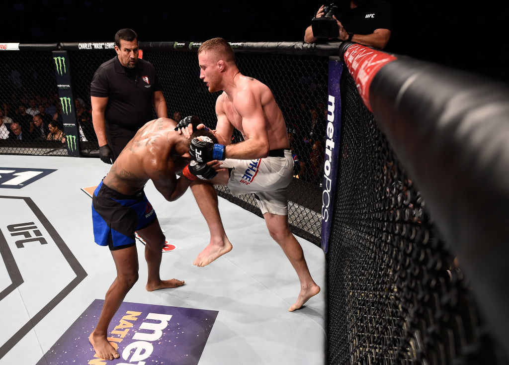 LAS VEGAS, NV - JULY 07: (R-L) Justin Gaethje knees Michael Johnson after their lightweight bout during The Ultimate Fighter Finale at T-Mobile Arena on July 7, 2017 in Las Vegas, Nevada. (Photo by Brandon Magnus/Zuffa LLC)