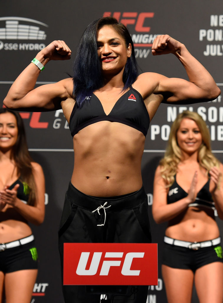 GLASGOW, SCOTLAND - JULY 15:  Cynthia Calvillo poses on the scale during the UFC Fight Night weigh-in at the SSE Hydro Arena Glasgow on July 15, 2017 in Glasgow, Scotland. (Photo by Josh Hedges/Zuffa LLC)