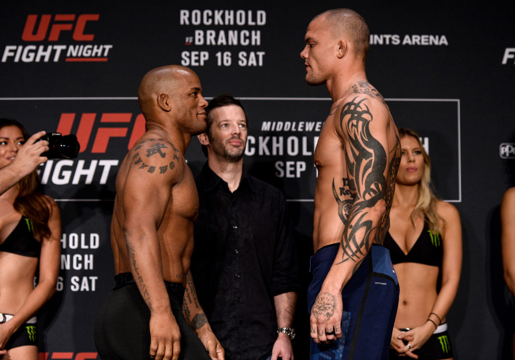 (L-R) <a href='../fighter/Hector-Lombard'>Hector Lombard</a> of Cuba and <a href='../fighter/Anthony-Smith'>Anthony Smith</a> face off during the <a href='../event/UFC-Silva-vs-Irvin'>UFC Fight Night </a>Weigh-in on September 15, 2017 in Pittsburgh, PA. (Photo by Brandon Magnus/Zuffa LLC)
