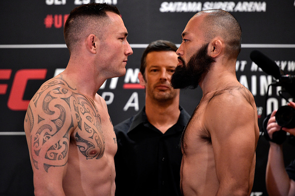 (R-L) Opponents Shinsho Anzai of Japan and Luke Jumeau of New Zealand face off during the UFC Fight Night Weigh-in at the Hilton Tokyo on September 21, 2017 in Tokyo, Japan. (Photo by Jeff Bottari/Zuffa LLC)