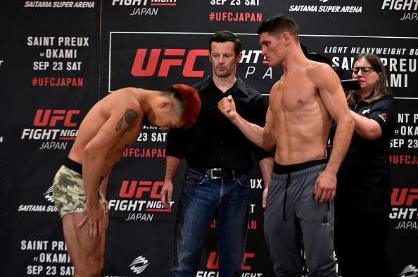 (L-R) Opponents Mizuto Hirota of Japan and Charles Rosa of the United States face off during the UFC Fight Night Weigh-in at the Hilton Tokyo on Sept. 21, 2017 in Tokyo, Japan. (Photo by Jeff Bottari/Zuffa LLC)