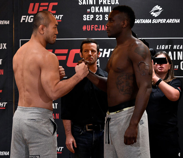 (R-L) Opponents <a href='../fighter/Ovince-St-Preux'>Ovince Saint Preux</a> of the United States and <a href='../fighter/Yushin-Okami'>Yushin Okami</a> of Japan face off during the <a href='../event/UFC-Silva-vs-Irvin'>UFC Fight Night </a>Weigh-in at the Hilton Tokyo on September 21, 2017 in Tokyo, Japan. (Photo by Jeff Bottari/Zuffa LLC)