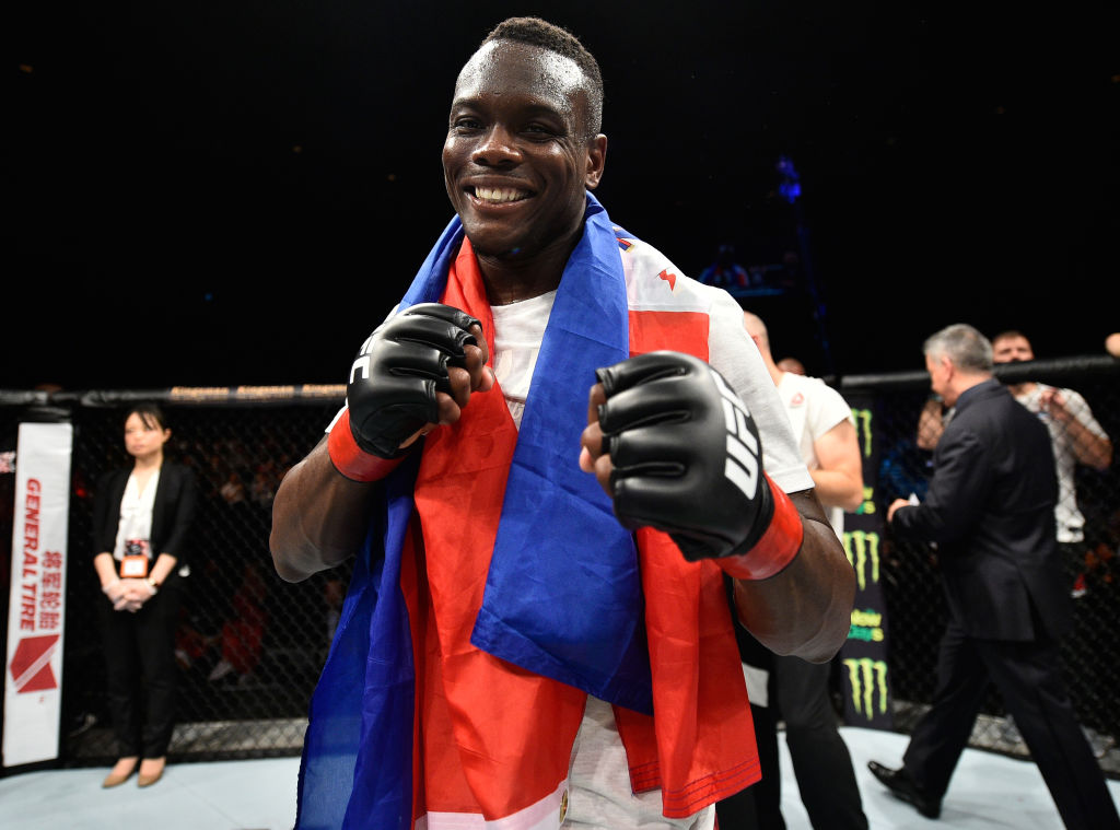 <a href='../fighter/Ovince-St-Preux'>Ovince Saint Preux</a> celebrates his submission victory over <a href='../fighter/Yushin-Okami'>Yushin Okami</a> of Japan in their light heavyweight bout during the <a href='../event/UFC-Silva-vs-Irvin'>UFC Fight Night </a>event inside the Saitama Super Arena on September 22, 2017 in Saitama, Japan. (Photo by Jeff Bottari/Zuffa LLC)