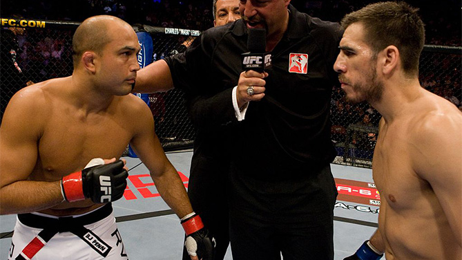 PHILADELPHIA - AUGUST 8: BJ Penn (white shorts) def. Kenny Florian (black shorts) - Submission (rear naked choke) - 3:54 round 4 during UFC 101 at Wachovia Center on August 8, 2009 in Philadelphia, Pennsylvania. (Photo by Josh Hedges/Zuffa LLC)