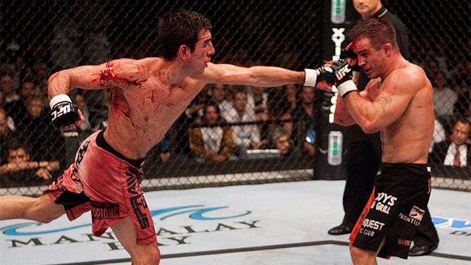 LAS VEGAS - OCTOBER 14: (L-R) Kenny Florian punches Sean Sherk at UFC 64 at the Mandalay Bay Events Center on October 14, 2006 in Las Vegas, Nevada. (Photo by Josh Hedges/Zuffa LLC)