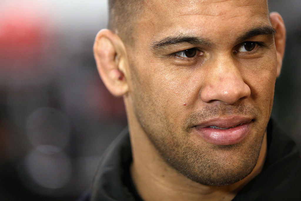 AUCKLAND, NEW ZEALAND - JUNE 25: UFC Fighter James Te Huna speaks to the media during a New Zealand Warriors NRL training session at Mt Smart Stadium on June 25, 2014 in Auckland, New Zealand. (Photo by Jason Oxenham/Getty Images)
