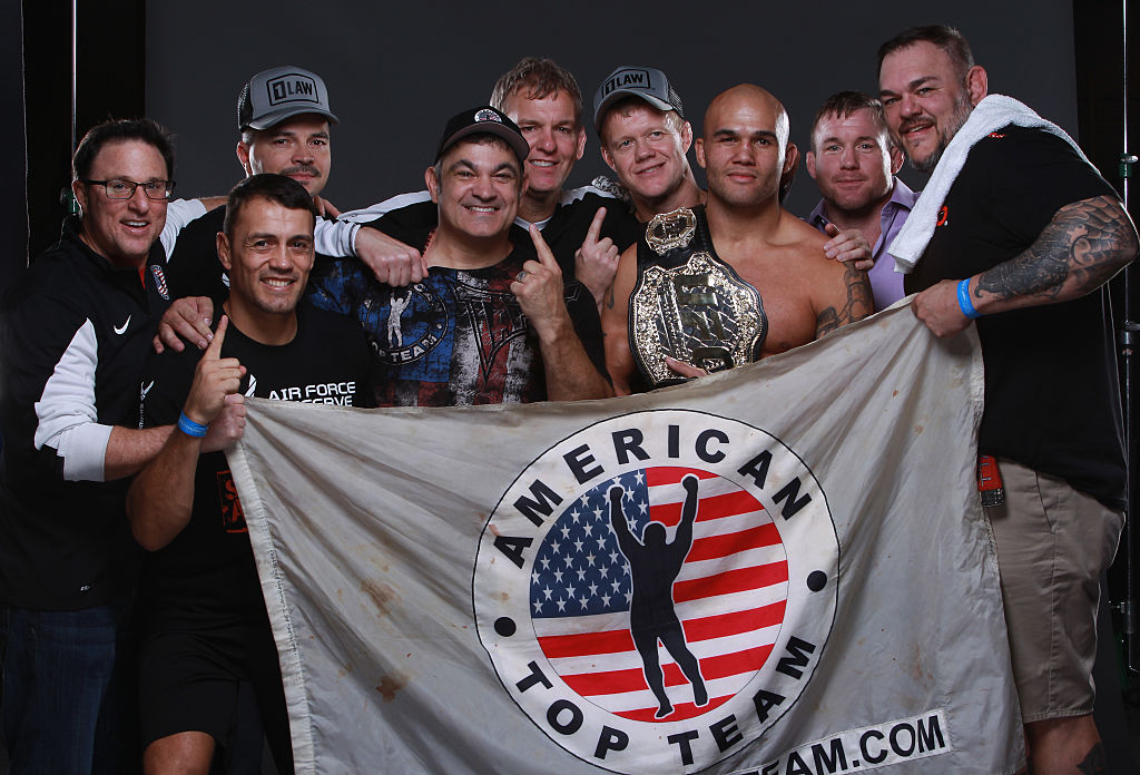LAS VEGAS, NV - DECEMBER 06: UFC welterweight champion Robbie Lawler poses backstage for a post fight portrait with his team during the UFC 181 event inside the Mandalay Bay Events Center on December 6, 2014 in Las Vegas, Nevada. (Photo by Mike Roach/Zuffa LLC)