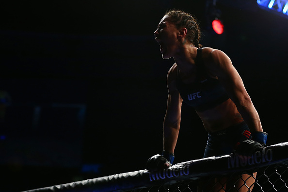 ST. LOUIS, MO - JANUARY 14: Jessica Eye celebrates after beating <a href='../fighter/Kalindra-Faria'>Kalindra Faria</a> during the <a href='../event/UFC-Silva-vs-Irvin'>UFC Fight Night </a>event inside the Scottrade Center on January 14, 2018 in St. Louis, Missouri. (Photo by Dilip Vishwanat/Zuffa LLC/Zuffa LLC via Getty Images)