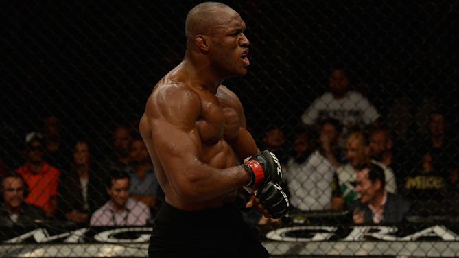 Kamaru Usman reacts to his victory over Hayder Hassan in their welterweight bout during the Ultimate Fighter Finale inside MGM Grand Garden Arena on July 12, 2015 in Las Vegas, Nevada. (Photo by Brandon Magnus/Zuffa LLC)