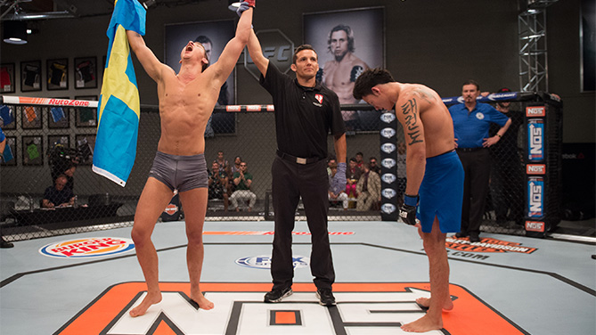 (L-R) Martin Svensson celebrates his submission victory over Thanh Le during the filming of The Ultimate Fighter: Team McGregor vs Team Faber at the UFC TUF Gym on August 7, 2015 in Las Vegas, Nevada. (Photo by Jeff Bottari/Zuffa LLC)