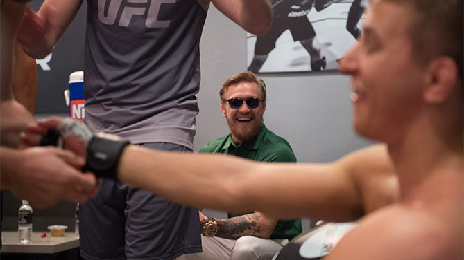 Head coach Conor McGregor talks to Martin Svensson after his submission victory over Thanh Le during the filming of The Ultimate Fighter: Team McGregor vs Team Faber at the UFC TUF Gym on August 7, 2015 in Las Vegas, Nevada. (Photo by Jeff Bottari/Zuffa LLC)