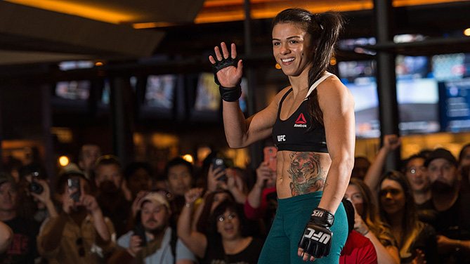 LAS VEGAS, NV - JULY 5: Claudia Gadelha holds an open training session for fans and media at at MGM Grand Hotel & Casino on July 5, 2016 in Las Vegas, Nevada. (Photo by Brandon Magnus/Zuffa LLC)