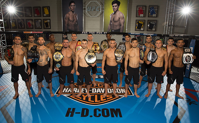 LAS VEGAS, NV - JULY 6: Team Benavidez and Team Cejudo pose for a portrait during the filming of <a href='../event/Ultimate-Fighter-Team-Serra-vs-Team-Hughes-Finale'><a href='../event/The-Ultimate-Fighter-Team-US-vs-Team-UK-FINALE'><a href='../event/The-Ultimate-Fighter-Heavyweights-FINALE'>The Ultimate Fighter:</a></a></a> Team Benavidez vs Team Cejudo at the UFC TUF Gym. (Photo by Ian Spanier/Zuffa LLC)
