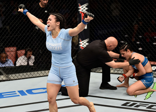 Rachael Ostovich celebrates after her submission victory over Karine Gevorgyan of Armenia in their women's flyweight bout during the TUF Finale event inside Park Theater on December 01, 2017 in Las Vegas, NV (Photo by Jeff Bottari/Zuffa LLC/)