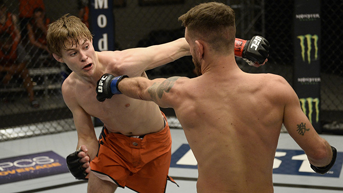 LAS VEGAS, NV - FEBRUARY 14: Bryce Mitchell (L) punches Jay Cucciniello during the filming of The Ultimate Fighter: Undefeated on February 14, 2017 in Las Vegas, Nevada. (Photo by Brandon Magnus/Zuffa LLC/Zuffa LLC via Getty Images)