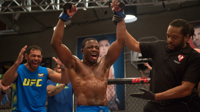 Fernando Acougueiro celebrates his victory over Nazareno Malagarie during the semi-finals for filming of The Ultimate Fighter Brazil: Team Nogueira vs Team Rua on March 7, 2015 in Las Vegas, Nevada. (Photo by Brandon Magnus/Zuffa LLC)