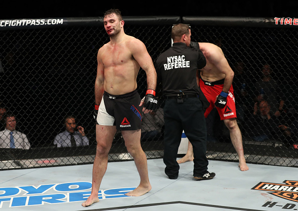 Giant Villante walks away from <a href='../fighter/saparbek-safarov'>Saparbek Safarov</a> after earning a second round TKO at Fight Night Albany