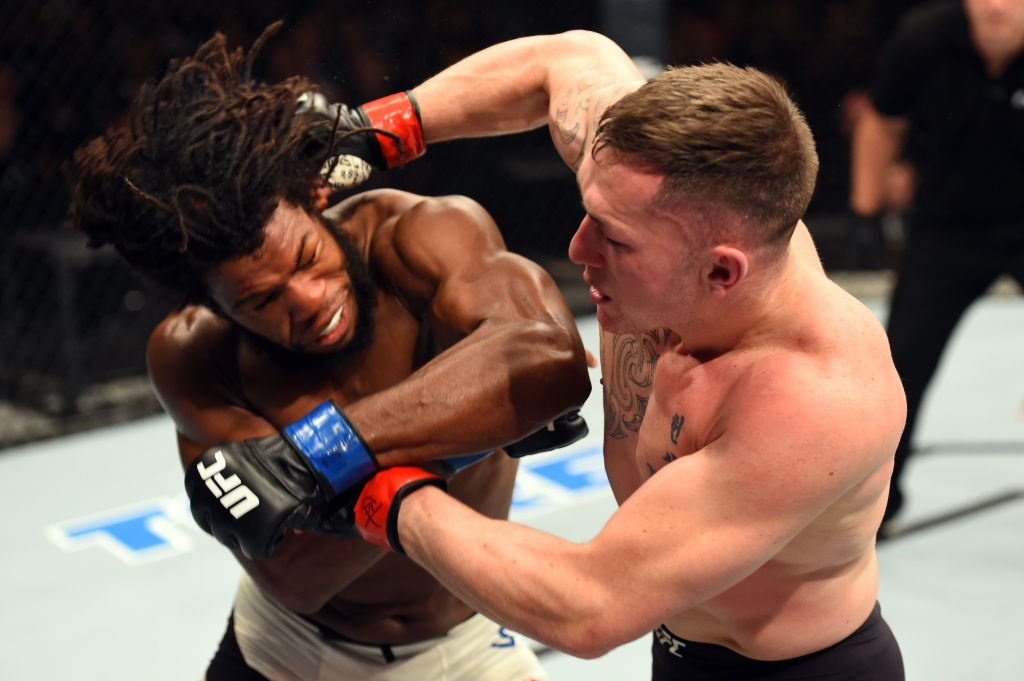 AUCKLAND, NEW ZEALAND - JUNE 11: (R-L) Luke Jumeau of Australia punches Dominique Steele in their welterweight fight during the UFC Fight Night event at the Spark Arena on June 11, 2017 in Auckland, New Zealand. (Photo by Josh Hedges/Zuffa LLC)