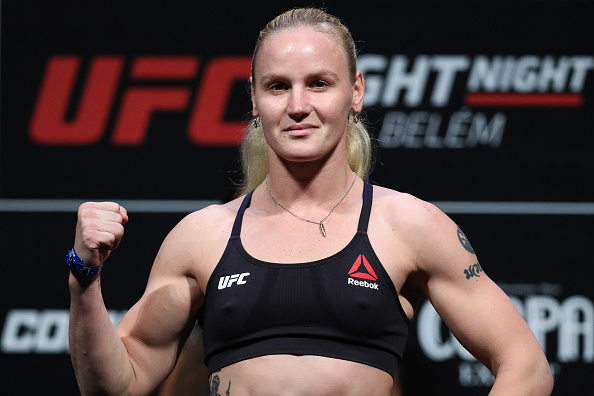 BELEM, BRAZIL - FEBRUARY 02: <a href='../fighter/Valentina-Shevchenko'>Valentina Shevchenko</a> of Kyrgyzstan poses on the scale during a <a href='../event/UFC-Silva-vs-Irvin'>UFC Fight Night </a>weigh-in at Mangueirinho Arena on February 02, 2018 in Belem, Brazil. (Photo by Buda Mendes/Zuffa LLC/Zuffa LLC via Getty Images)